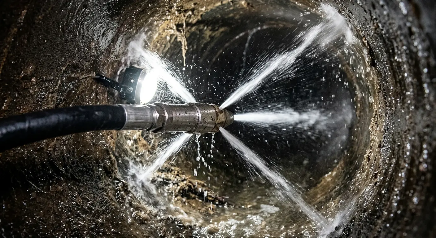 High-pressure hydro jetting nozzle cleaning sewer pipe for Sewer Cleanout in Longview