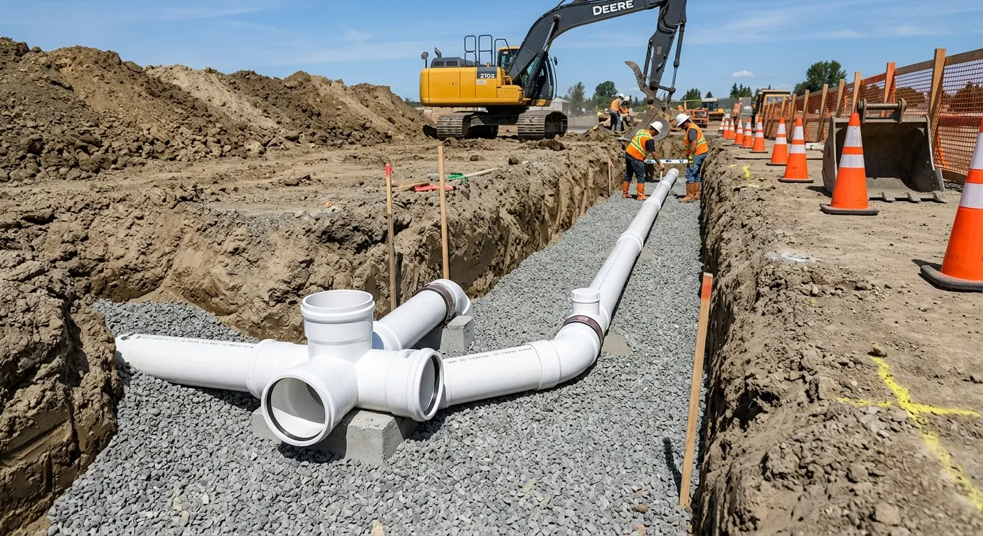 New PVC sewer pipe installation in open trench for Sewer Backup in Longview
