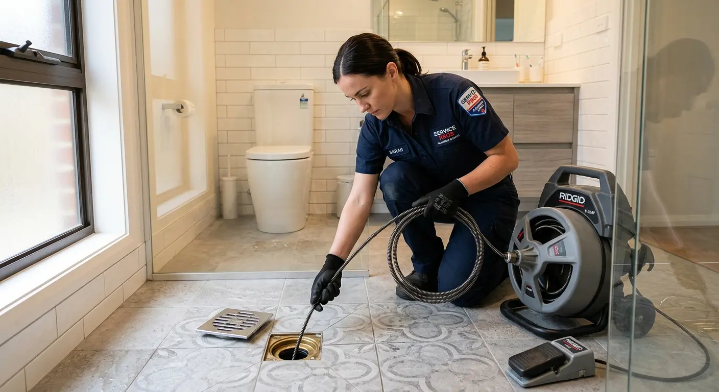 Technician clearing a bathroom floor drain for Drain Repair in Longview